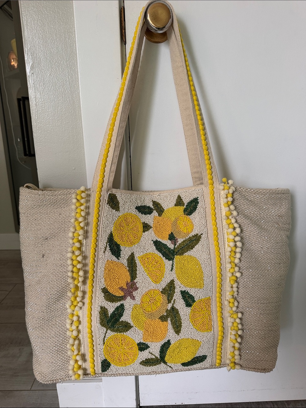 America & Beyond Beaded Lemon Canvas Tote Bag in Yellow and Cream